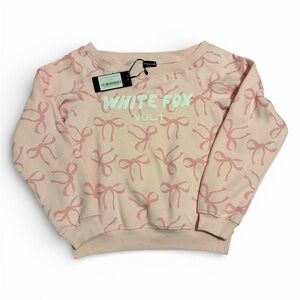 White Fox Boutique Vol. 1 Off Shoulder Printed Sweater Pink Bow